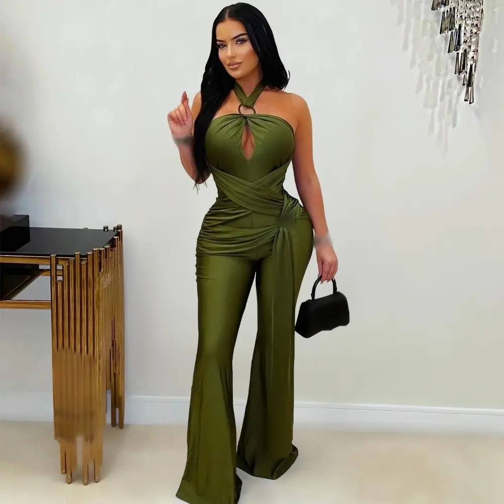 Sexy Olive Green sleeveless halter jumpsuit, Snatched Keyhole Pleated Flare Leg Romper, Luxury Waist-Cinching Bodycon Clubwear, Elegant Date Night Outfits, Chic Summer Resort Dinner Party Jumpsuits,wide leg romper, casual fashion jumpsuit