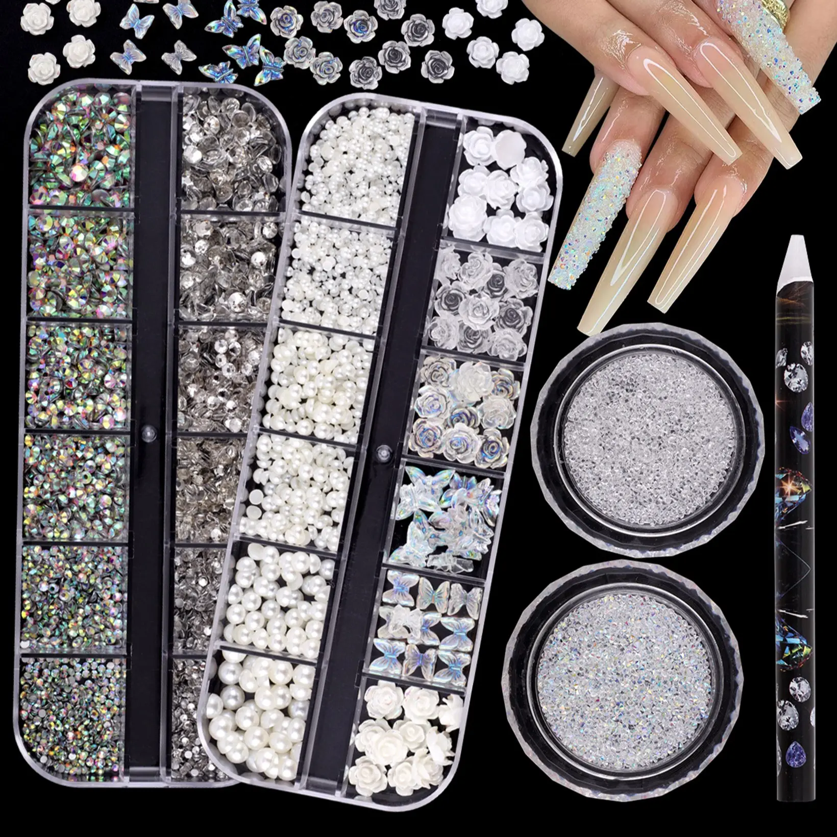 5-Piece Nail Art Decoration Set, Pearl & Ab Glass Drills, Includes Pearls, Camellia, Butterfly, Aurora Mini Drills, DIY Nail Art Essential, Nail Gems