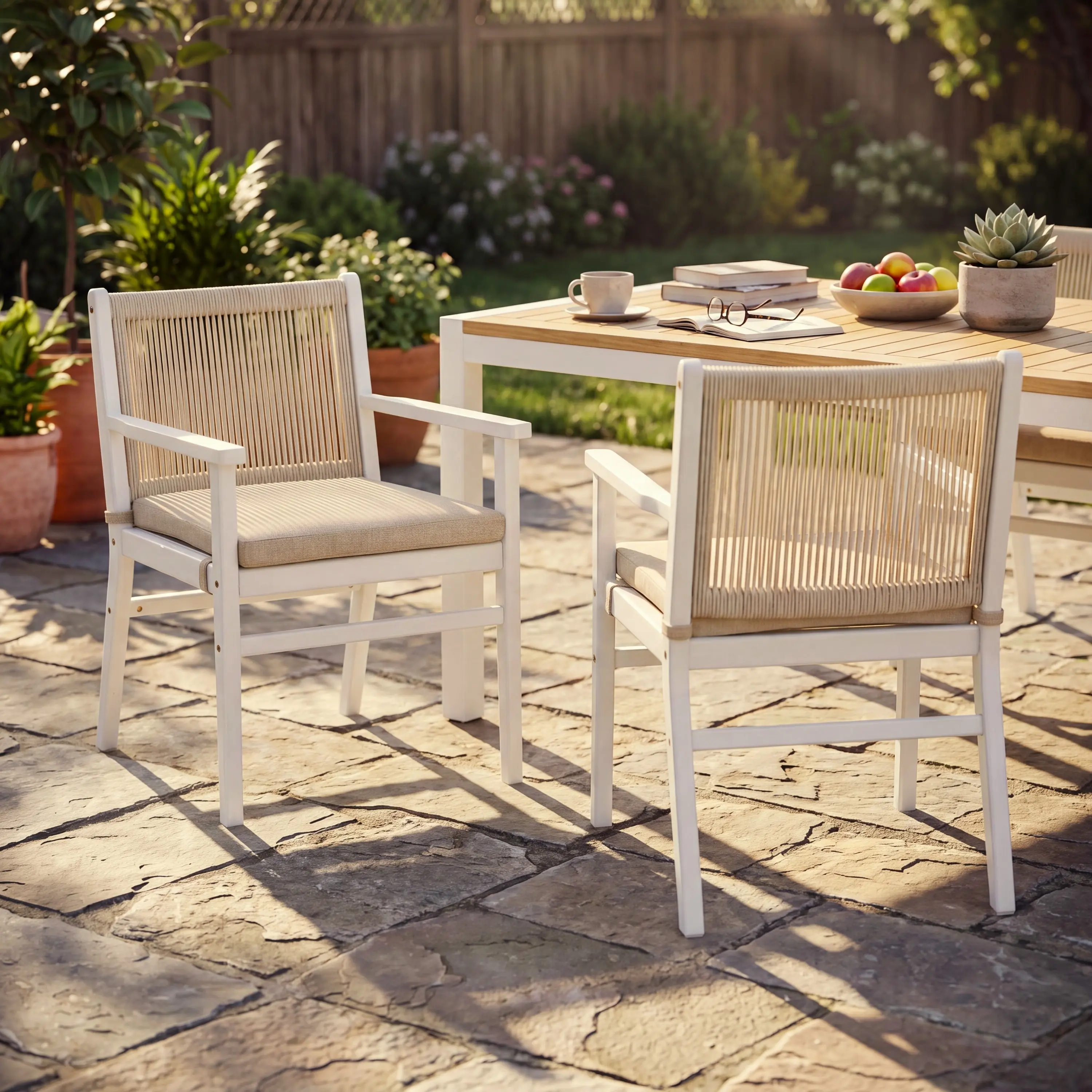 ARCH Outdoor Dining Chairs Set of 2 Acacia Wood Patio Armchair with Rope Design Back and Water Repellent Cushion White Frame 400lbs Capacity for Garden Deck Poolside Furniture, Dining Room Chairs for Kitchen, Dining Room, Living Room