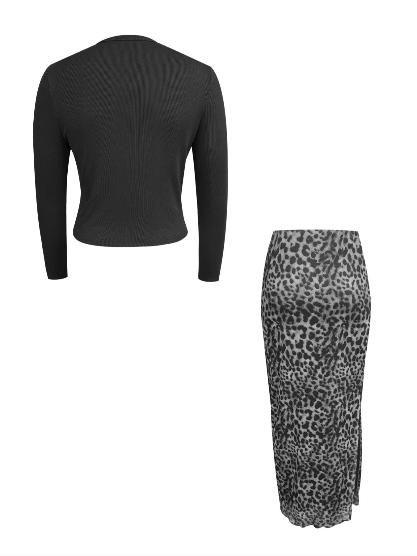 LovelyWholesale，Women's Spring Fashion Solid Color Knit Cardigan Top Leopard Print Half Skirt Two-Piece Set, Casual Slim-Fitting