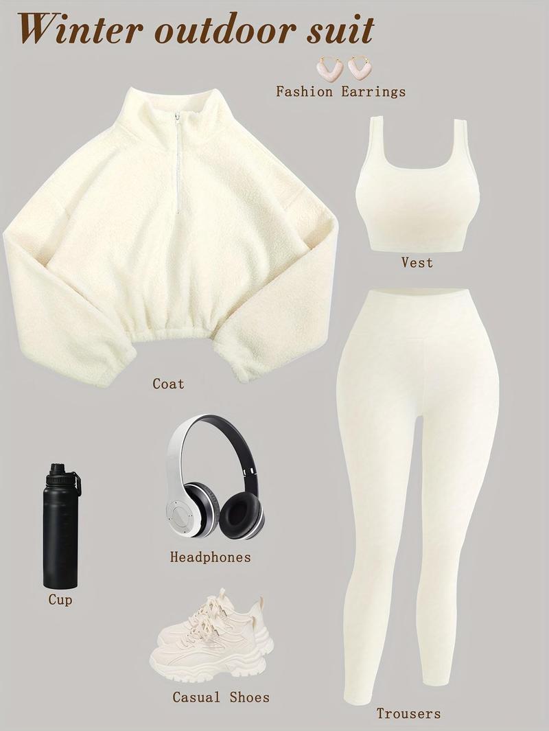 Amoyer 3-Piece Tracksuit Set for Women, fleece-lined zip jacket + top + high-waist pants, cozy winter activewear for gym, running, travel