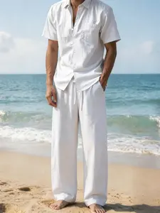 Men's Lapel Single Pocket Linen T-Shirt, Short Sleeve Shirt, Curved Hem Wide Leg Pants, Casual Island Vacation Daily Commute, Clothes