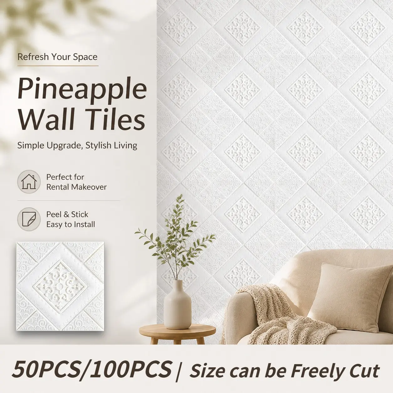 50/100pcs Self-Adhesive Wallpaper, Thickened 3D Self-adhesive XPE Foam Wallpaper - Waterproof, Easy Install - Perfect for Home Decoration, Renovation - Suitable for Kitchen, Living Room, Bedroom, Wall, Ceiling