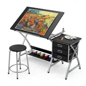 Garvee Adjustable Artist Drafting Table with Tilting Matte Black Desktop, Stool, and 3 Storage Drawers – Multi-Functional Art Desk for Home Office or Studio – 50.5 x 24 x 45 in