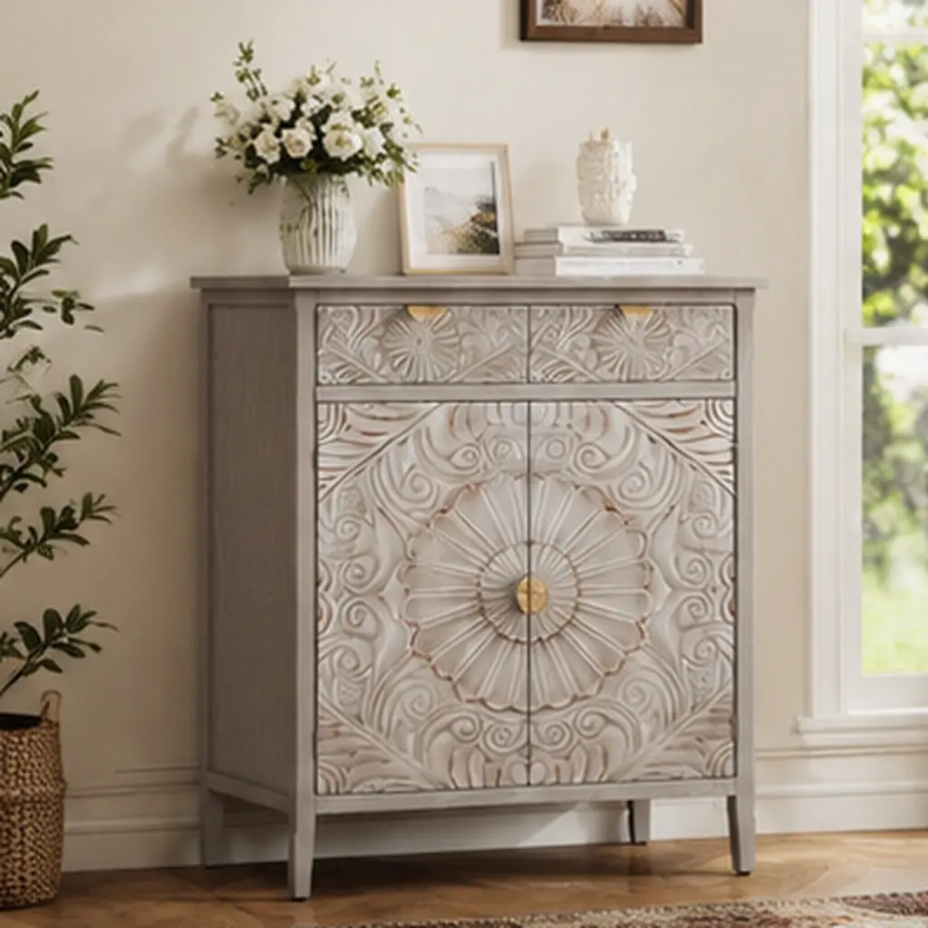 ARCH Hand-Carved Floral Embossed Rectangular Sideboard Cabinet, Natural MDF Storage Credenza with Drawer, Doors & Gold Handles, Anti-Tip Base, 14.96x31.5x36.6", 43.87 lb, for Entryway Living Room, Indoor Furniture Cupboard, Artisan Embossed