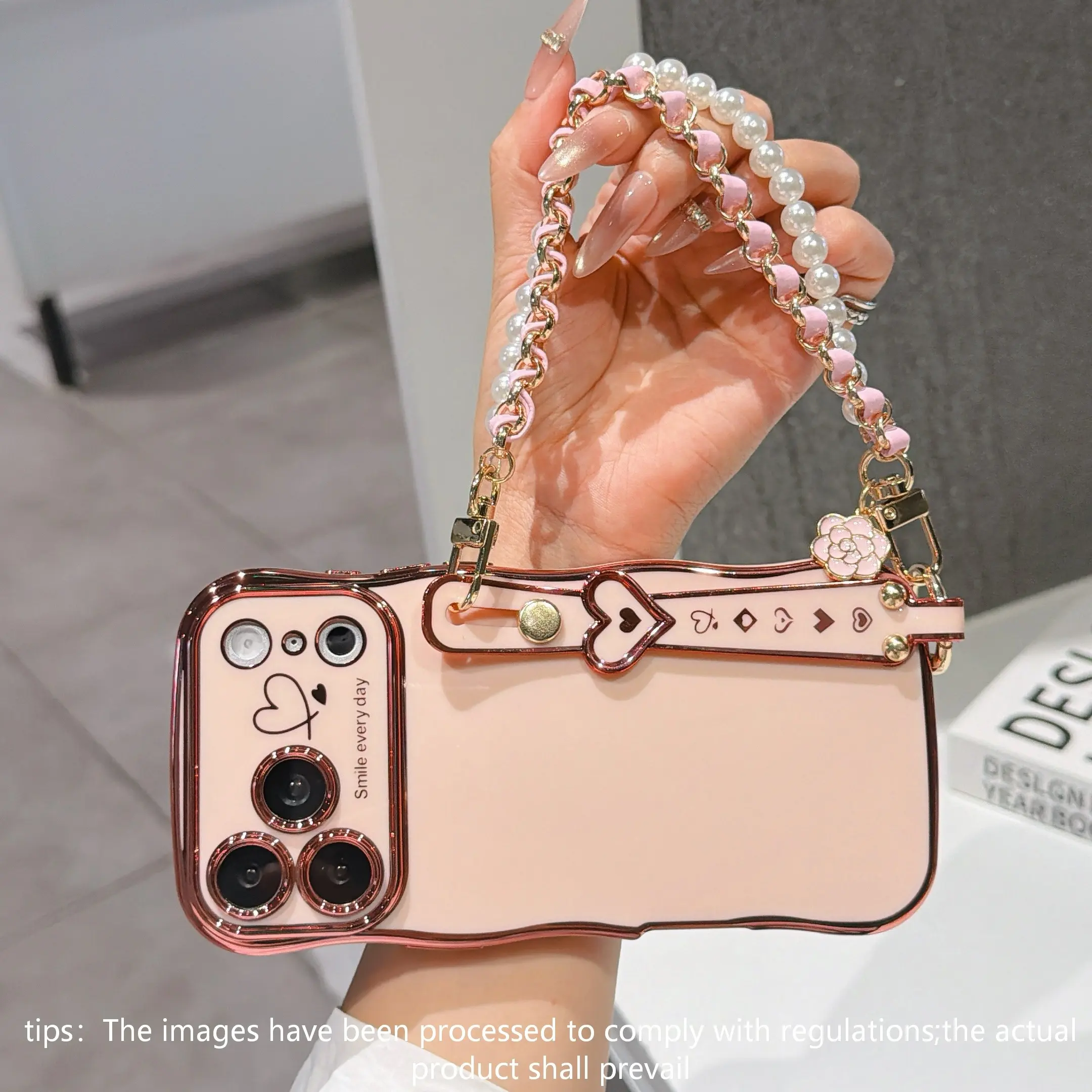 Luxury Electroplated Wave Pattern Dual Heart Large Window Wrist Strap Full Cover Anti-Scratch Anti-Drop Protective Phone Case for Apple iPhone 17pro Max 16pro 15 14 13 12 Casing