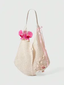 Orchid Ribbon Hollow Out Tote Bag, Large Capacity Knit Boho Beach Vacation Backpack, Women's Shoulder Bag for Coastal Getaways