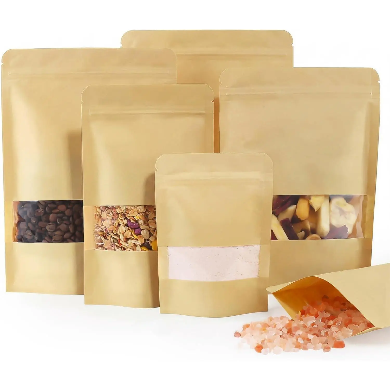 100 Pcs Reaselable Bags, Out Size 4.7" x 7.9"(Inner Size 4.1" x 4.9") Stand Up Pouches Brown Paper Bags with Window, Zipper Food Storage Bags for Packaging Products, Reusable, Sealable