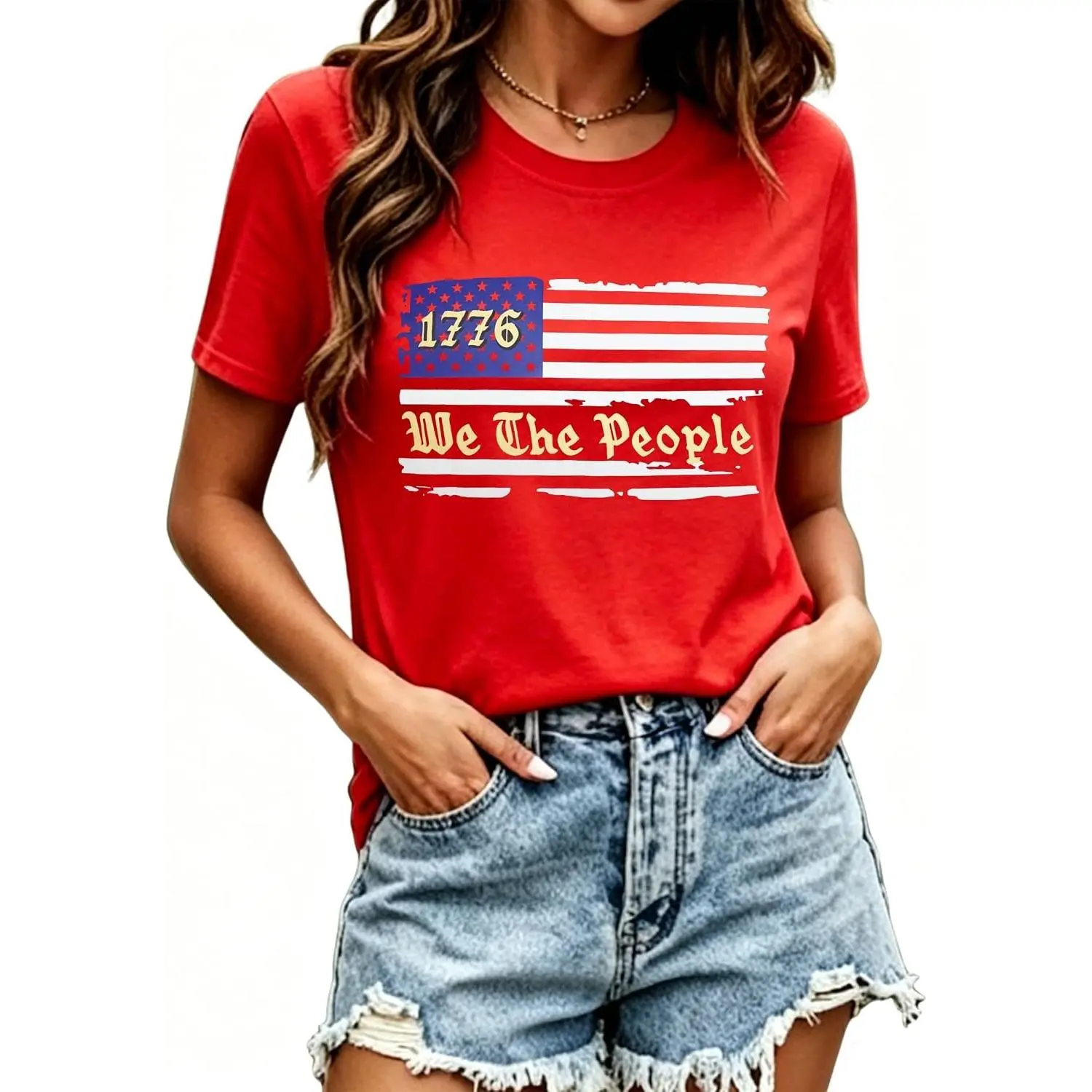 Women's Patriotic Short-Sleeve Blouse - American Flag 4th of July Graphic Tee for Independence Day Star-Stripe Design, Casual Fit, Matching Leggings/Shorts/Skirts Compatibility