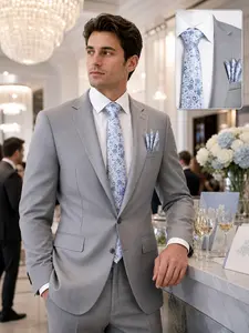 Men's Sky Blue Floral Tie Set with Matching Pocket Square, Wedding Business Formal Wear Accessories, Elegant Necktie and Handkerchief Combo