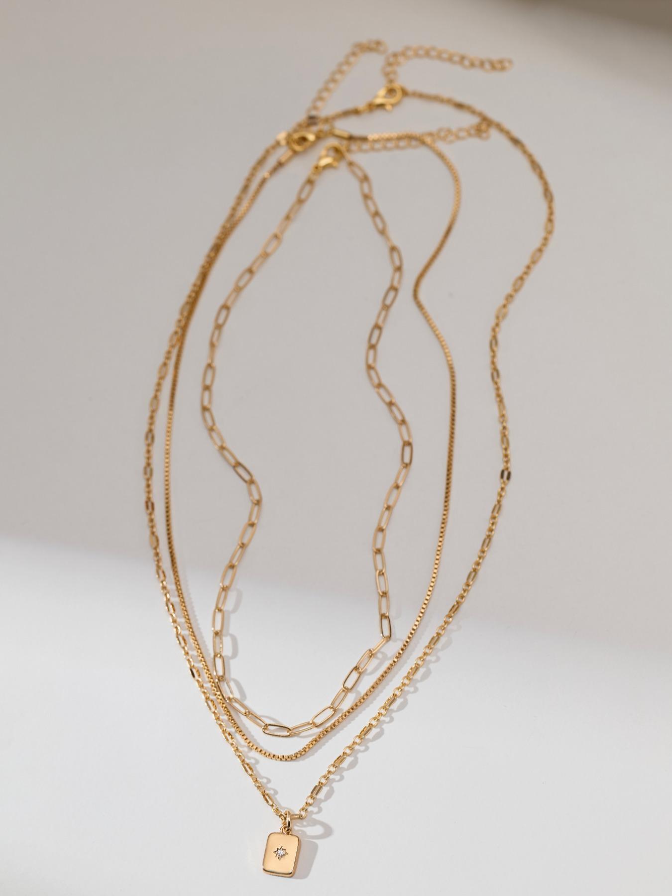 3 Piece Trendy Grid Paperclip Box Chain Set with Sparkling Star Artificial Zircon Rectangle Mini Pendant Necklace Minimalist Chain Necklace