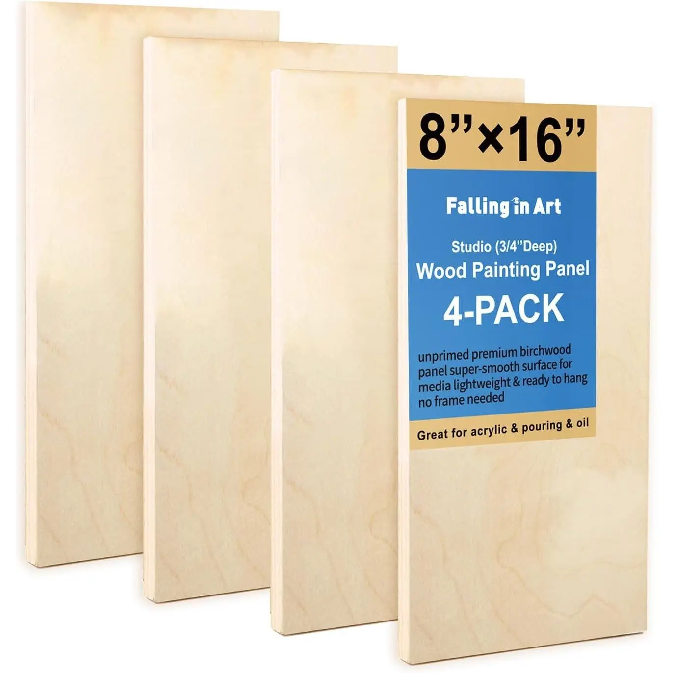 Unfinished Birch Wood Panels Kit for Painting, Wooden Canvas 4 Pack of 8x16’’ Studio 3/4’’ Deep, Cradle Boards for Pouring, Art, Crafts, Burning and More