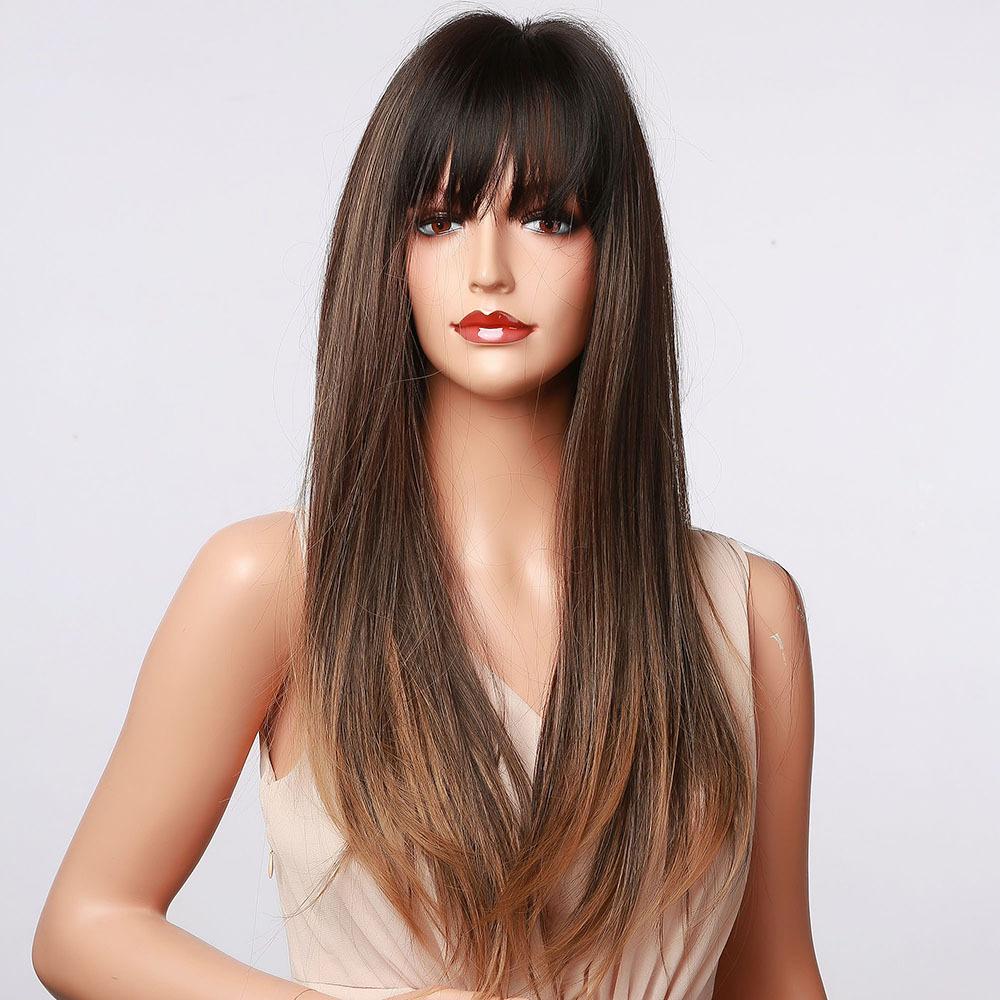 Latest Gray Ombre Straight Hair Wig with Front Fringe High Temperature Synthetic Fiber Easy to Put On Glueless Ventilated European and American Fashion Hair Topper