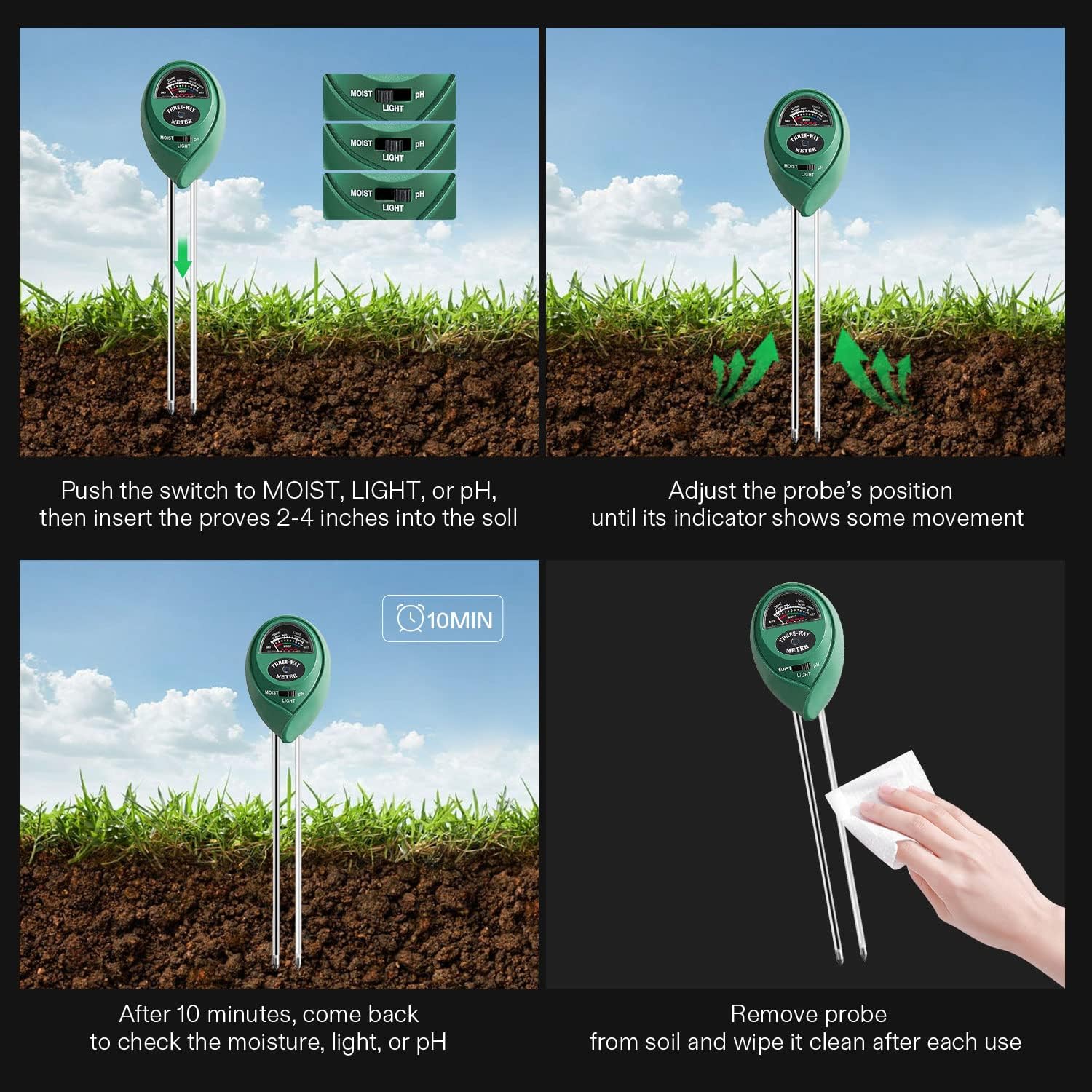 3 in 1 Soil Moisture Meter, Flower & Grass Soil Moisture & Acidity Tester, Monitoring Instrument for Soil PH, Moisture & Nutrient Fertility