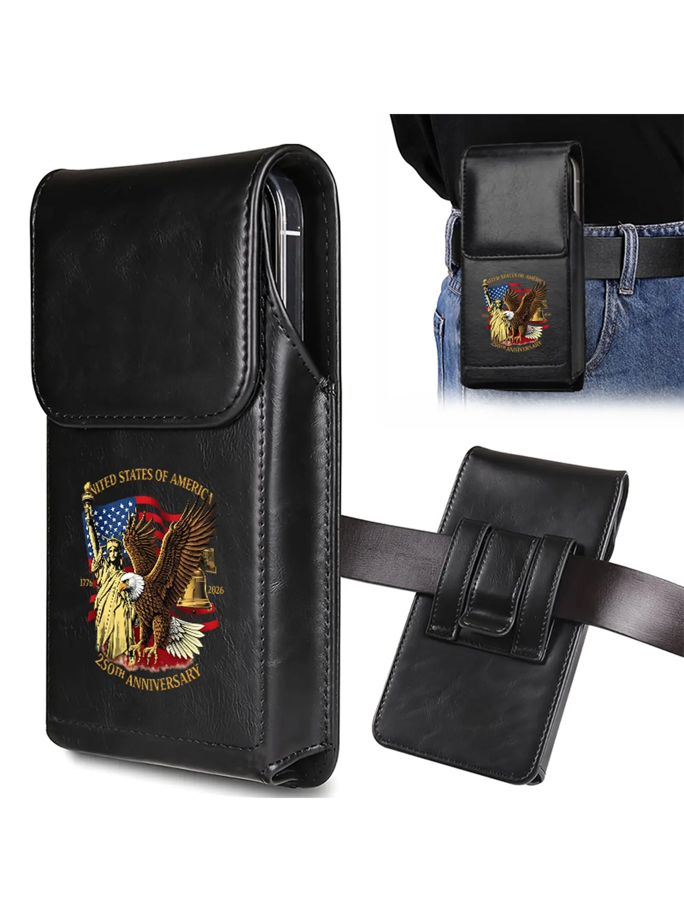 Men's outdoor waist bag, adorned with the Statue of Liberty, eagle, Liberty Bell, and flag patterns, is a perfect solution for men's outdoor phone storage. With a vintage style waist bag, it is the perfect Halloween gift/Christmas gift/birthday gift.