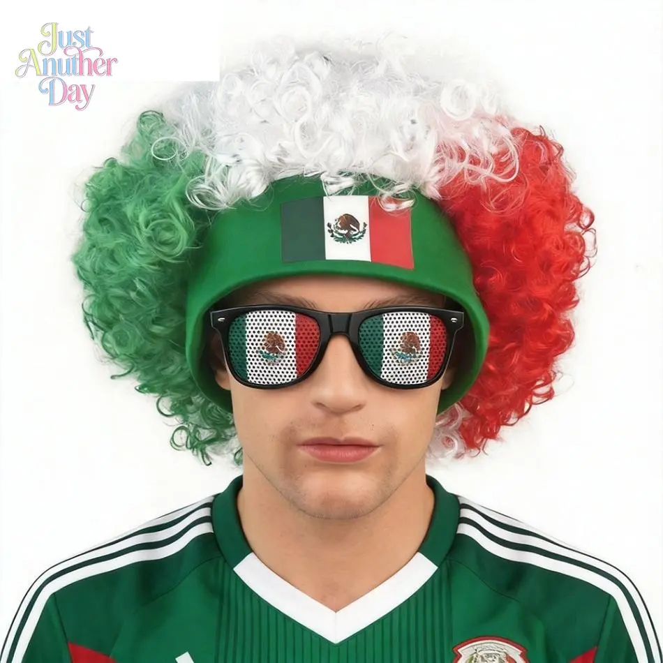 Two-piece football fan party set: fun wig and flag glasses, Mexican victory celebration gift, decorative celebration set, party supplies, cheerleader outfit, party decorations.