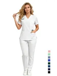 Women's Solid Color Short Sleeve Scrub Set Matte Finish Top & Pants, 2-Piece Medical Uniform for Hospital, Clinic & Dental Workwear