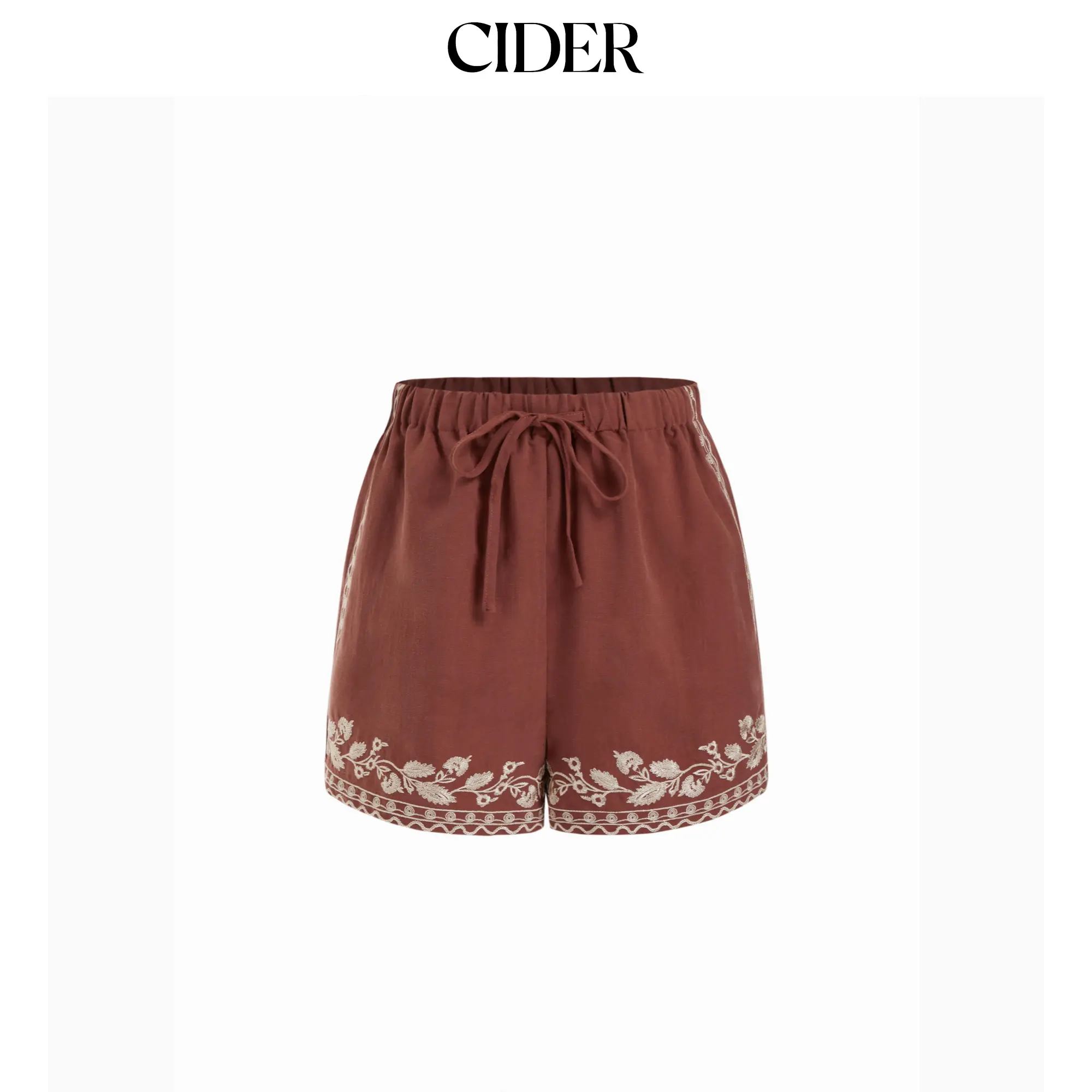 Cider Linen-blend Mid Rise Elastic Waist Aztec Embroidery Drawstring Shorts