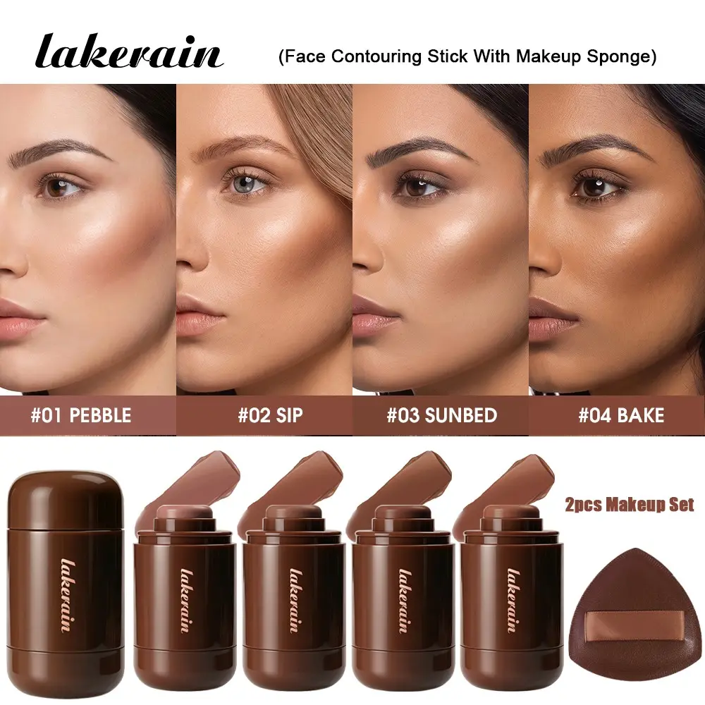 Facial Makeup 2Pcs Set (Face Contouring Stick With Makeup Sponge),3D Face Makeup Look, Long-lasting Waterproof, for All Skins, Multi-function Makeup Stick, Bronze Stick, Easy to Apply, Daily Makeup, Christmas Valentine's Day Gift