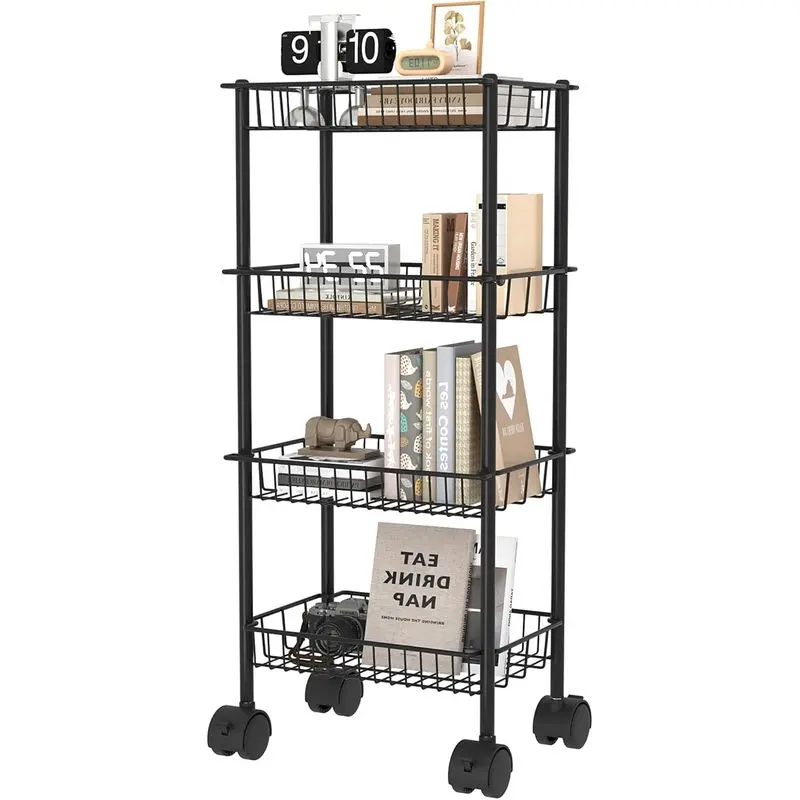 4 Tier Rolling Storage Cart with Wheels, Metal Utility Organizer Cart with Removable Baskets for Kitchen Bathroom Office Laundry Room
