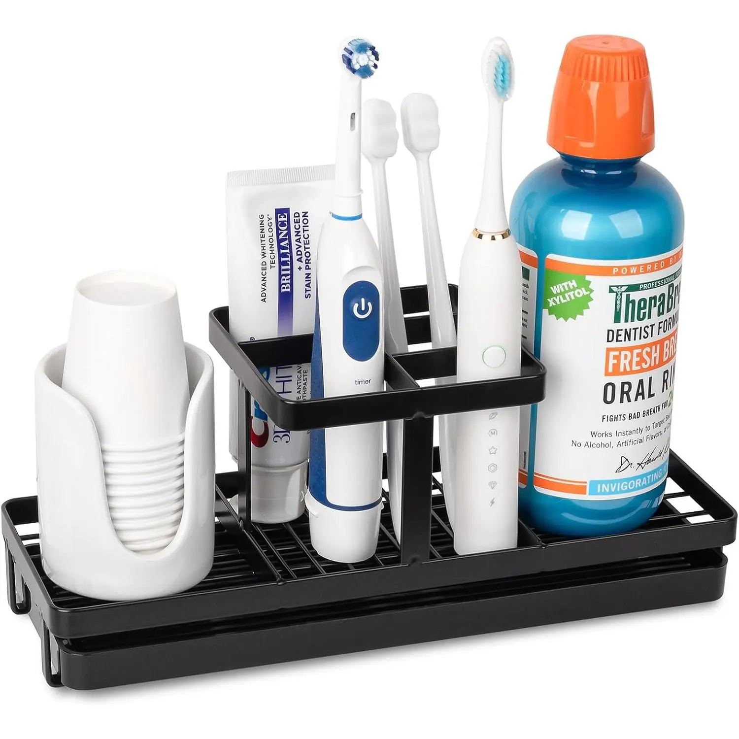 Matte Black Carbon Steel Toothbrush Holder - 5-Slot Minimalist Vanity Organizer for Bathroom Countertop, Kitchen Decorative Drip-Resistant Storage for Electric Toothbrushes, Toothpaste (Bathroom Accessory), Set