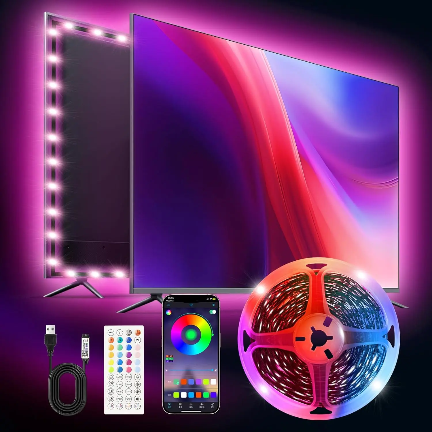 Smart RGB Light Bar, 16.4 ft USB-Powered Strip for 45-75 Inch TVs, Bluetooth App & Remote Control, Music Sync, Modern Indoor Home Theater & Gaming Lights