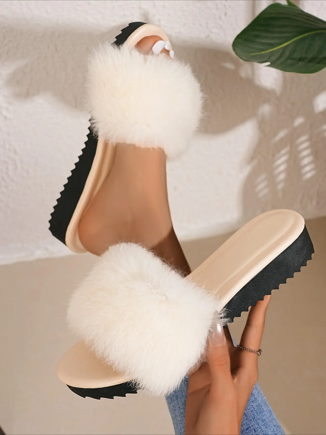 Fluffy pom-pom slide slippers with serrated wedge sole open toe multi-color casual outdoor women fuzzy slides