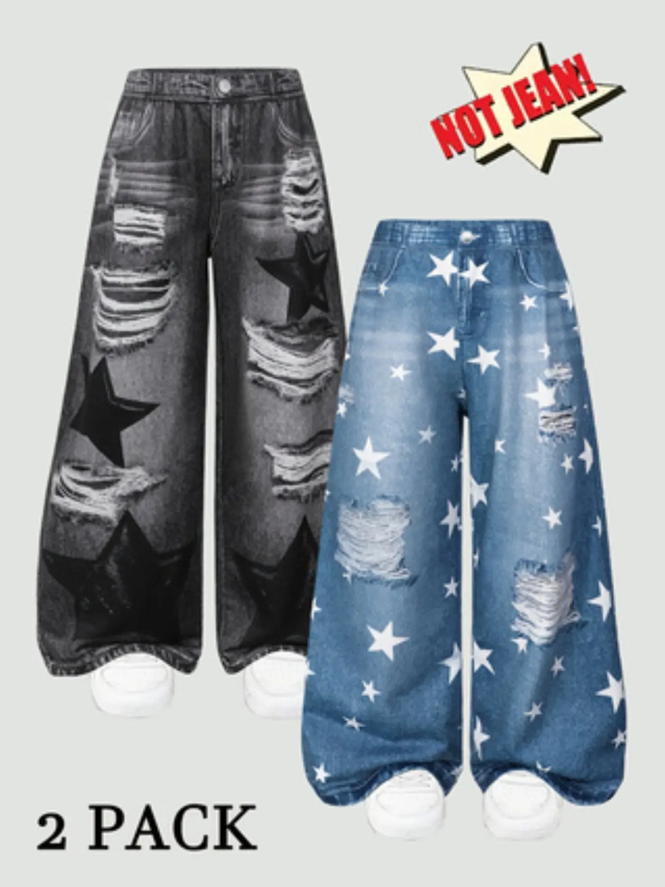 2-Pack Girls' Long Pants, Trendy Star Pattern, Knit Stretch Imitation Denim-Look Wide Leg, Loose Legged Pants, Comfortable Casual Outerwear, Party Gift, Essential Kids Clothing