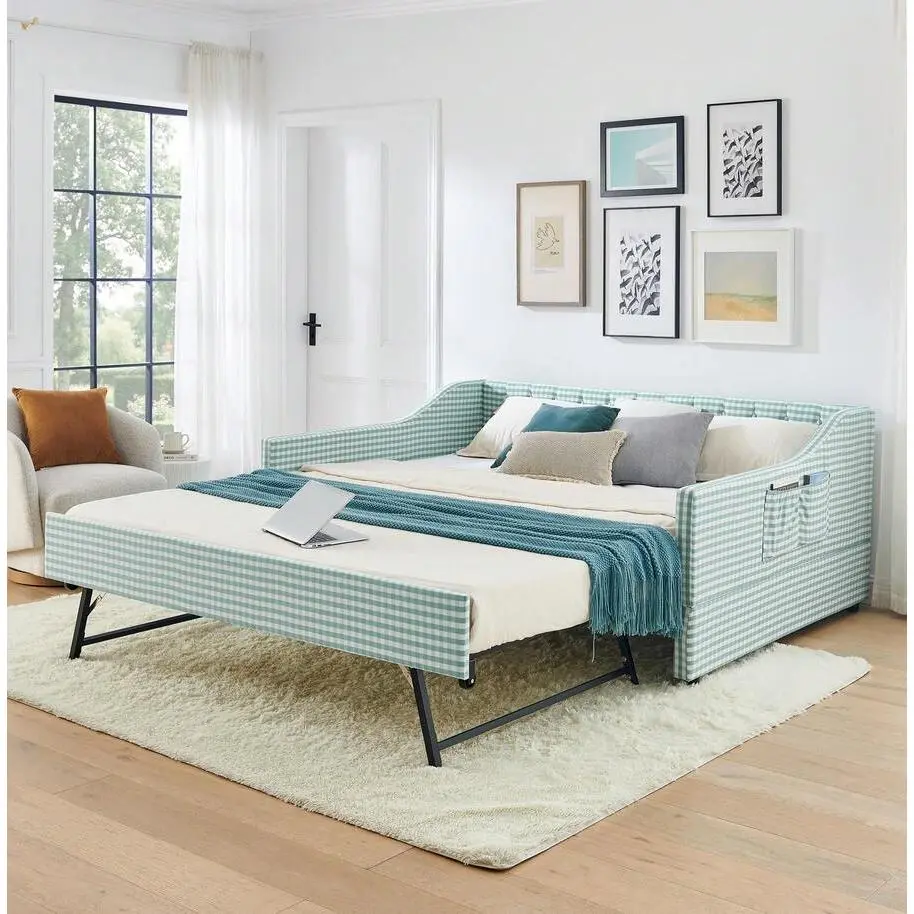 Full/ Twin Size Upholstered Daybed With Pop Up Trundle, 3-In-1 Convertible Sofa Bed, Tufted Daybed Couch With Storage Pockets, Pull Out Daybed Expands To Size Bed, Daybed With Trundle Living Room, Guest Room, Apartment