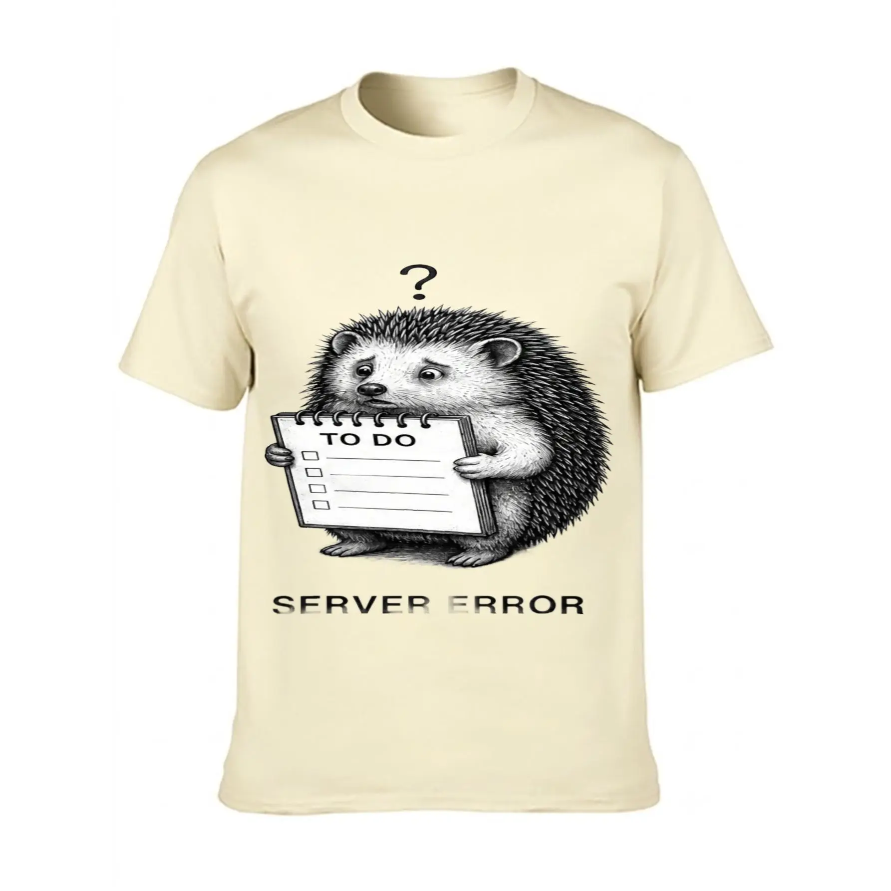 Heavyweight Unisex Cotton T-Shirt, Street Style Clothing, Loose Fit, Hedgehog Holding To-Do List With Server Error Text, Screen Print Design, For Tech Lovers And Casual Wear
