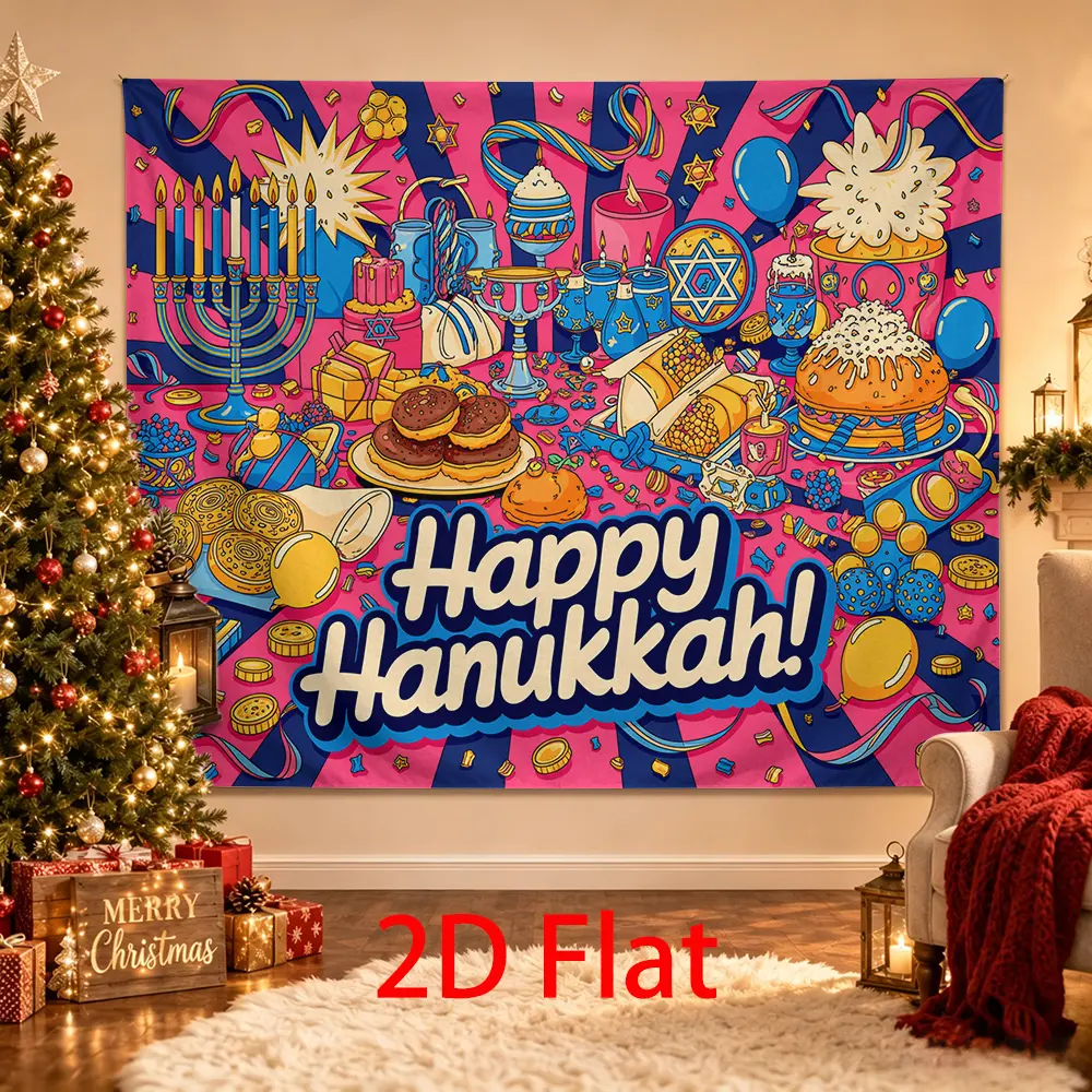 Hanukkah Backdrop with Menorah, Dreidels, Gelt, Donuts and Blue Party Decor