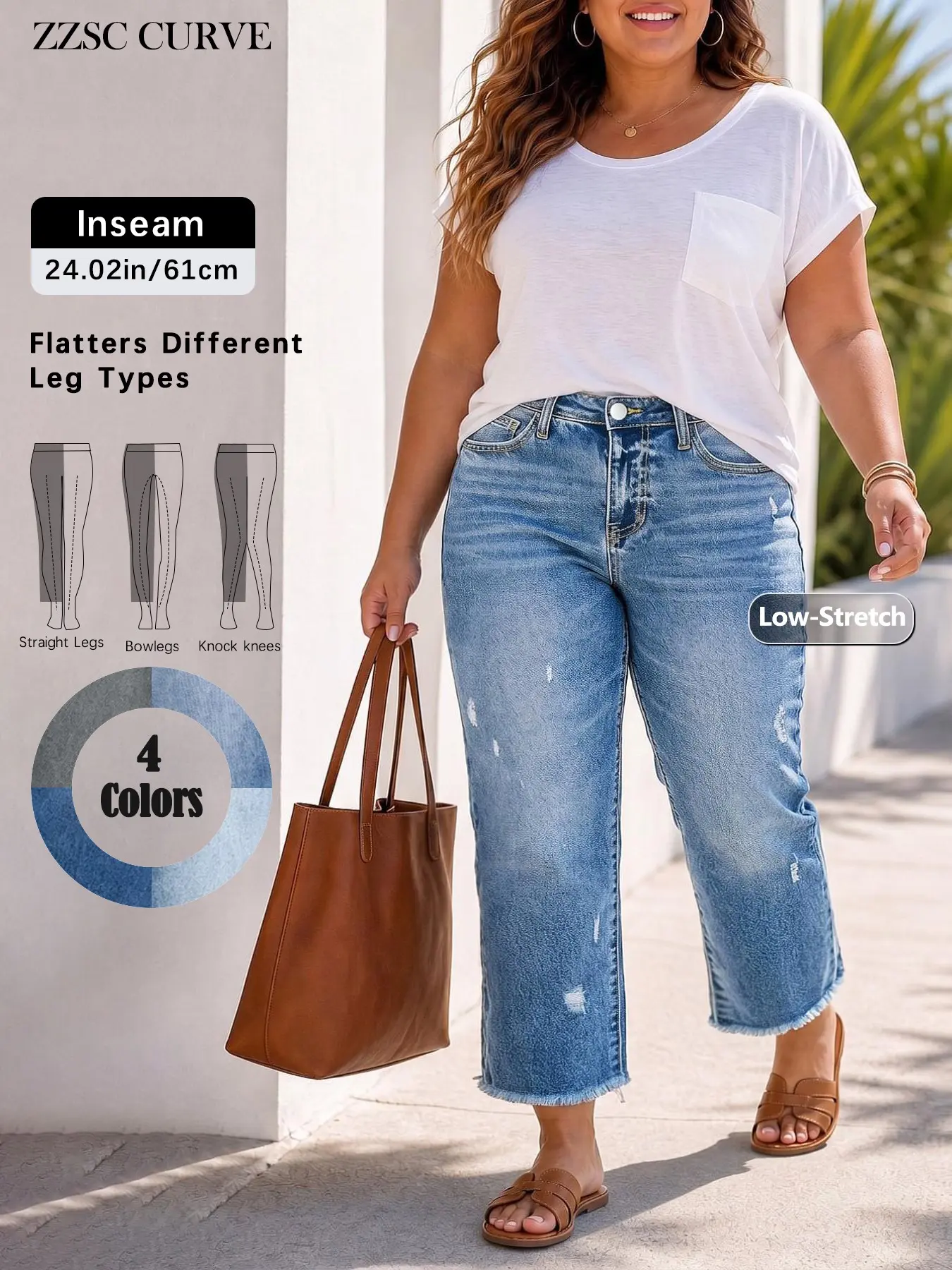 Spring Summer New Plus Size Women's Jeans Washed Blue Elastic Loose Fit Hem Straight Leg Nine-Quarter Pants, Solid Pattern