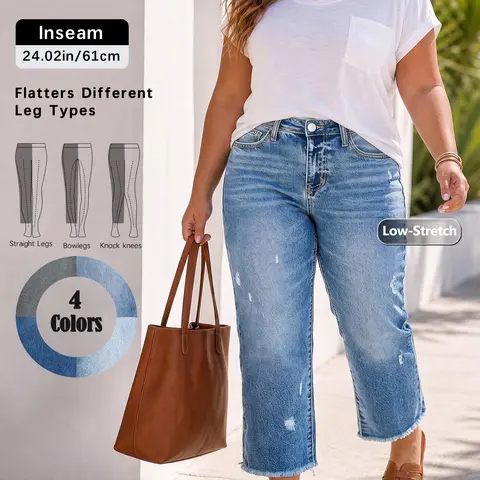 Spring Summer New Plus Size Women's Jeans Washed Blue Elastic Loose Fit Hem Straight Leg Nine-Quarter Pants, Solid Pattern, High Waist Loose
