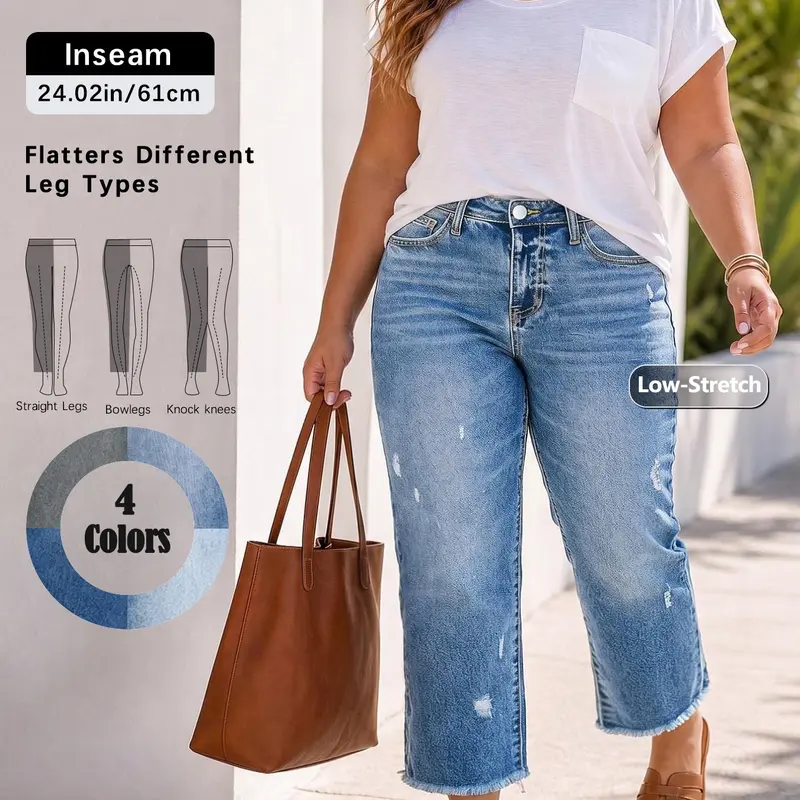 Spring Summer New Plus Size Women's Jeans Washed Blue Elastic Loose Fit Hem Straight Leg Nine-Quarter Pants, Solid Pattern, High Waist Loose