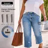Spring Summer New Plus Size Women's Jeans Washed Blue Elastic Loose Fit Hem Straight Leg Nine-Quarter Pants, Solid Pattern, High Waist Loose