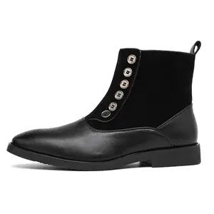 XORAM Men's 2-Tone Patchwork Mid-Calf Boots - Button Decoration, Side Zipper, Carved Design, Low-Heel Style (Model 1055)