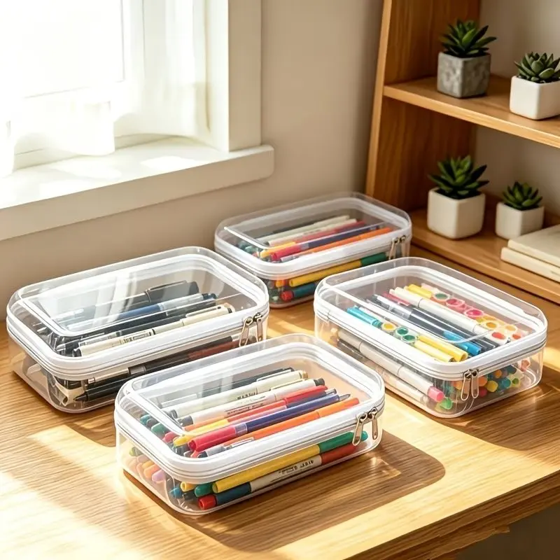 4-Pack Transparent Zipper Pencil Case, Hard Plastic Storage Bag, Waterproof Makeup Organizer, Ideal for Pens, Markers, Cosmetics, Travel Essentials
