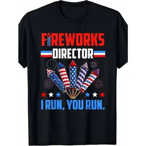 Men's Funny Patriotic 4th of July T-Shirt - "Fireworks Director If I Run You Run" Graphic Tee - Black Shirt with Red/Blue Fireworks Rockets & Stars - Lightweight All-Season Comfort Fit for Independence Day, BBQs, Parades - Machine Washable Casual Top, Hol