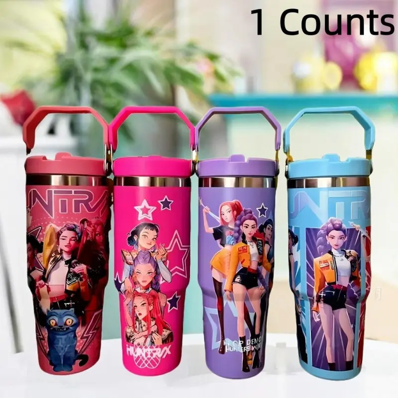 1 Counts K-Pop Ghost Hunter Theme Vacuum Insulated Tumbler, Reusable with Lid & Straw, Suitable for Travel, Work, School & Daily Coffee, Ideal Halloween/Christmas Gifts for Teens & Pop Culture Fans