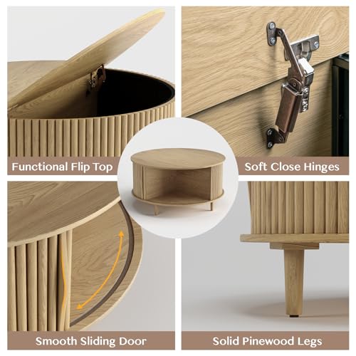 Round Fluted Coffee Table with Hidden Storage, Lift-Top Design & Side Open Shelf, Two-Layer Natural Wood Tabletop with Sliding Cabinet Doors, Sturdy Solid Wood Legs & Soft-Close Hinges, Ideal for Living Rooms & Small Spaces