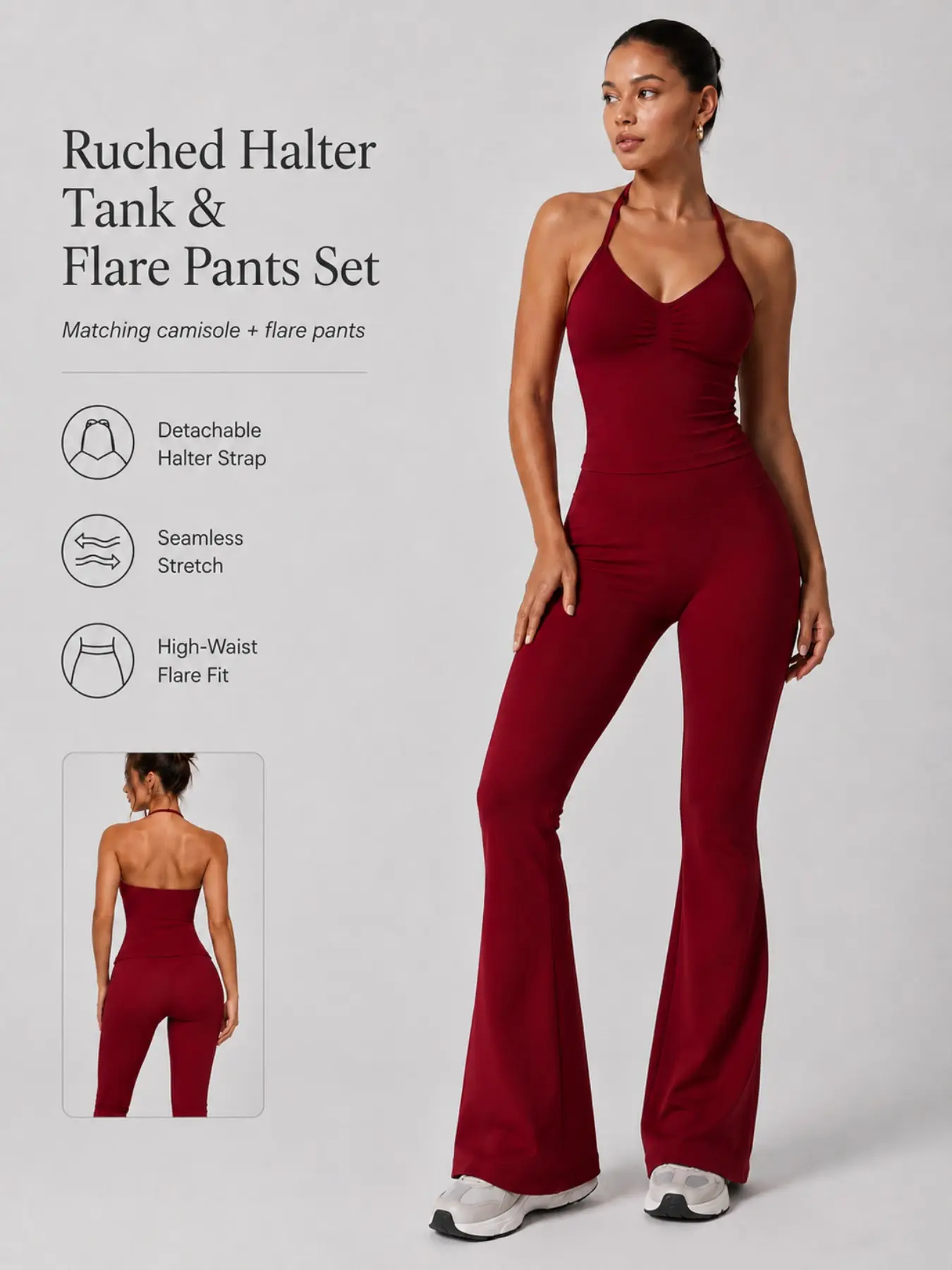 Women 2 Piece Workout Outfit, Halter Sports Tank Top With Removable Pads And High Waist Stretch Slim Flare Pants, Casual Pilates Fitness Yoga Set