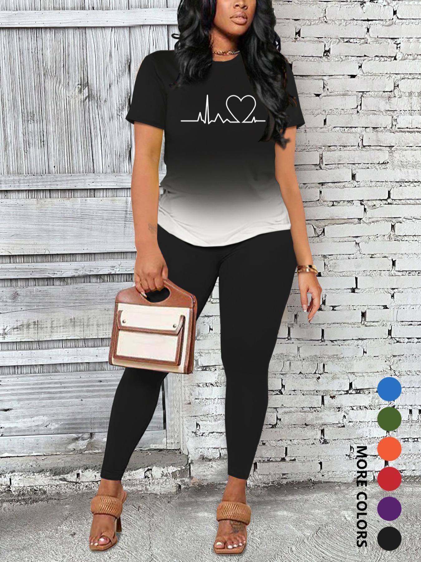 Women's Ombre Gradient Letter Print Short Sleeve Tee & Leggings Set, Casual Round Neck Fitted T-Shirt & Skinny Pants For Daily Wear, Ladies Two-Piece Outfits For All Seasons