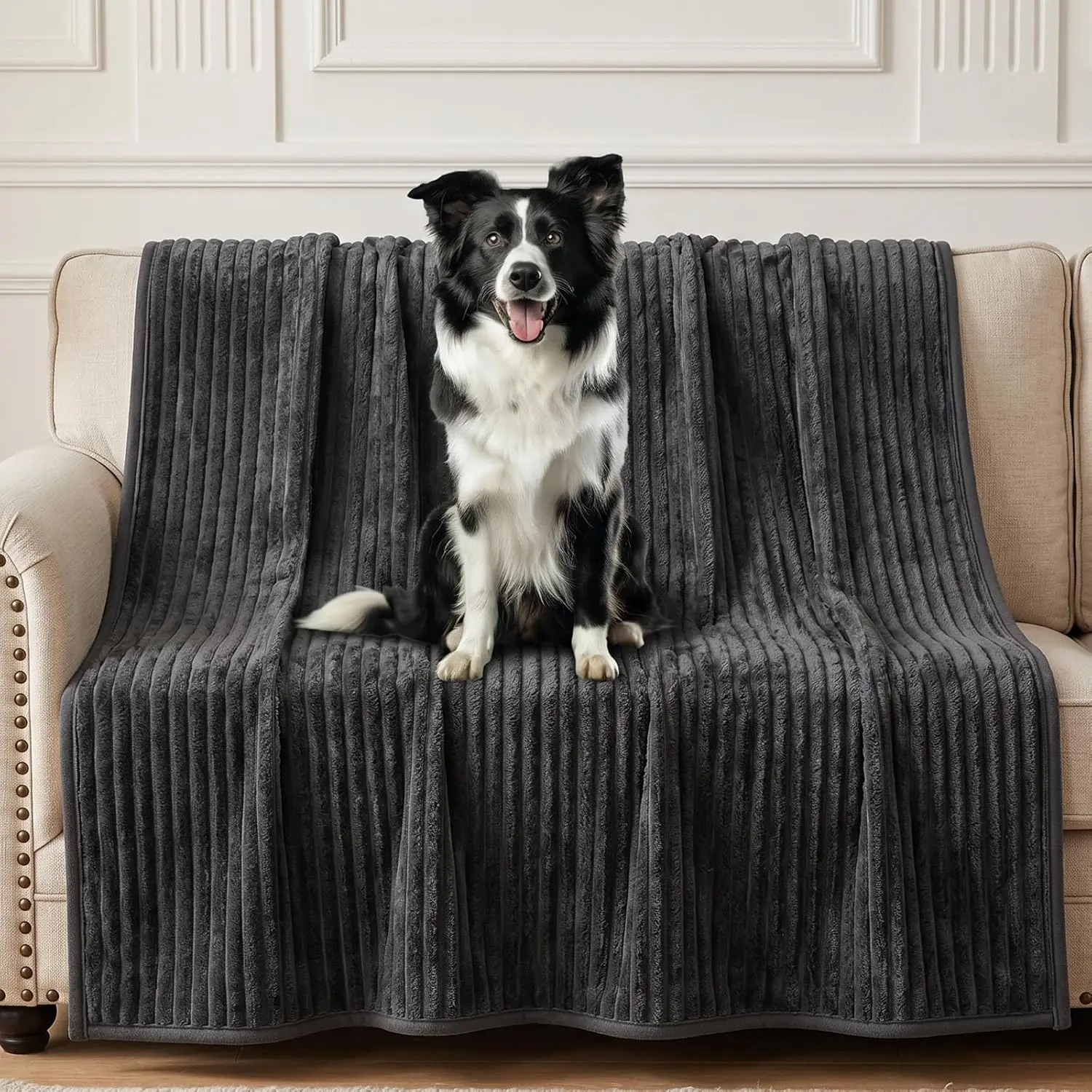 Waterproof Dog Blanket, 40" x 60", Grey Throw Blanket for Couch| Striped Flannel Machine Washable