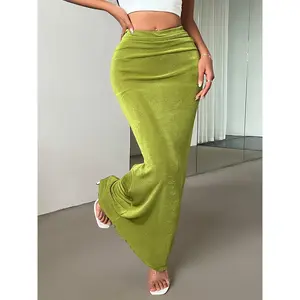 [Green Low-Waist Maxi Skirt] New Summer Women's Simple and Elegant Green Low-Waist Maxi Skirt, Suitable for Summer Vacations, Solid Color Mermaid Skirt, Women's Half Skirt