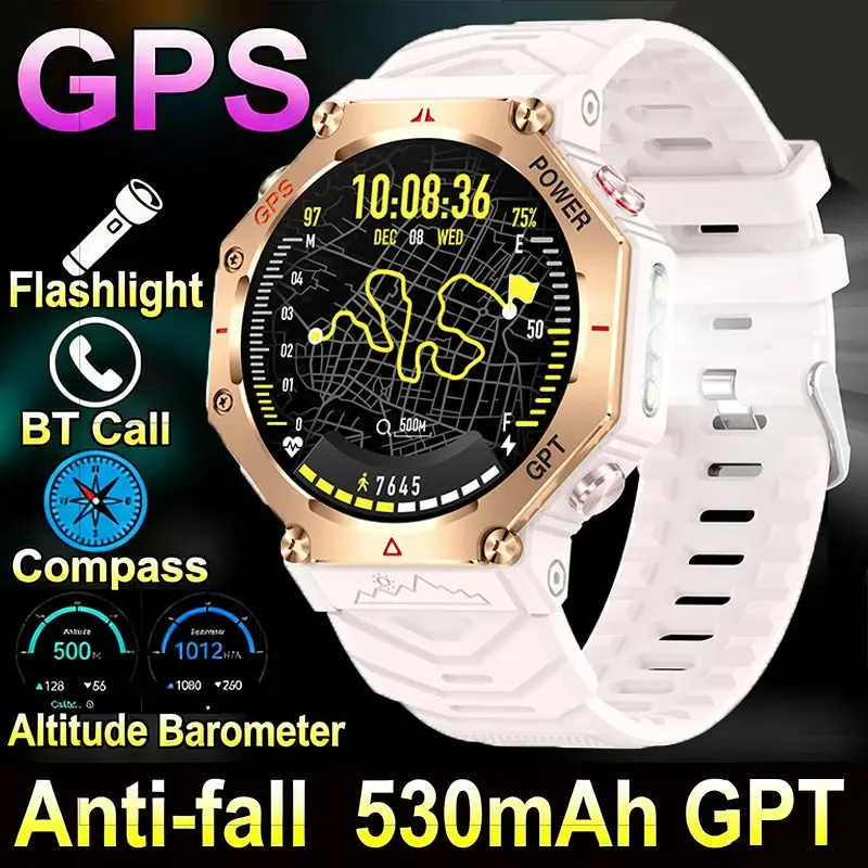 Military Smart Watch with Built GPS, Compass, Altimeter, Barometer, Amoled Display, Bluetooth-compatible Call, Android Compatible