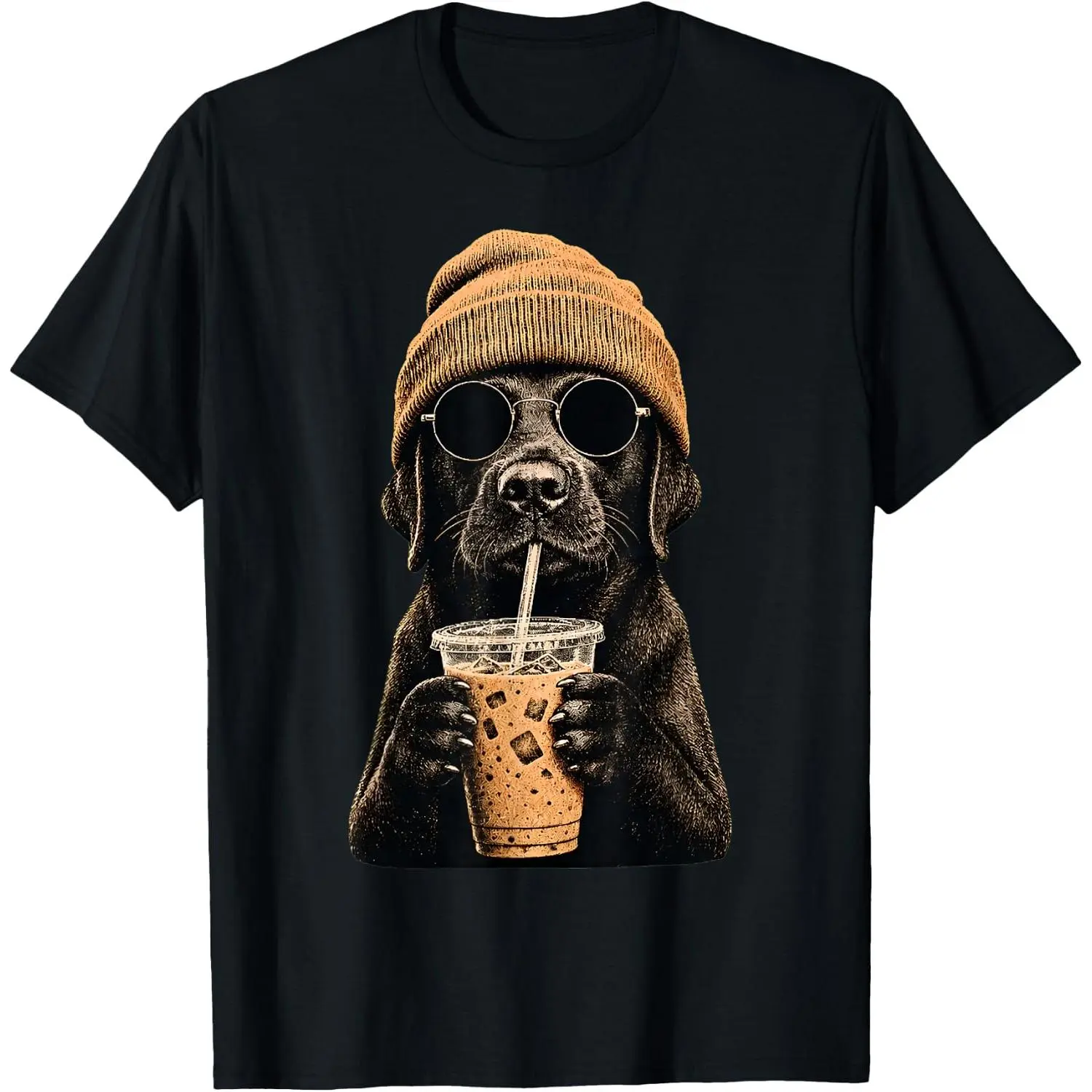 Men's Round Neck T-Shirt - Black Labrador Hipster Dog Drinking Iced Coffee Sunglasses Print Casual Top, Tshirt