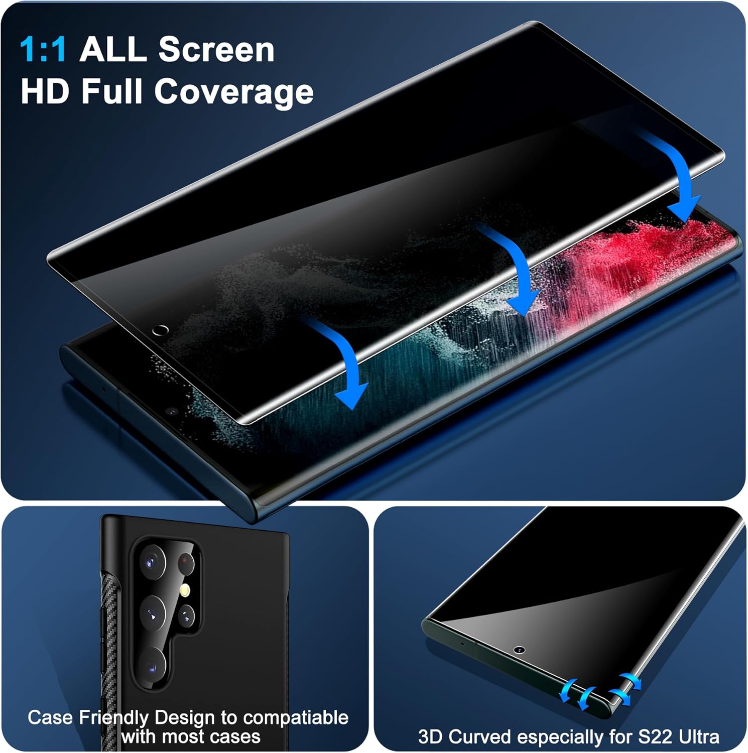 [2+2 Pack] Galaxy S22 Ultra Privacy Screen Protector, 9H Tempered Glass, Ultrasonic Fingerprint Support, 3D Curved, HD Clear Anti-Spy Film for Samsung S22 Ultra 5G Glass Screen Protector