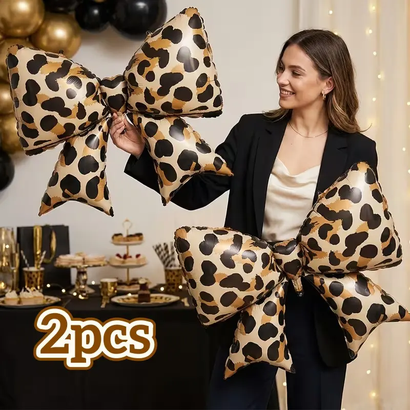 2 Large Leopard Print Bow Aluminum Foil Balloons, Perfect for Women's Birthday Parties, Singles Party, Wedding, Graduation, Jungle Theme Events