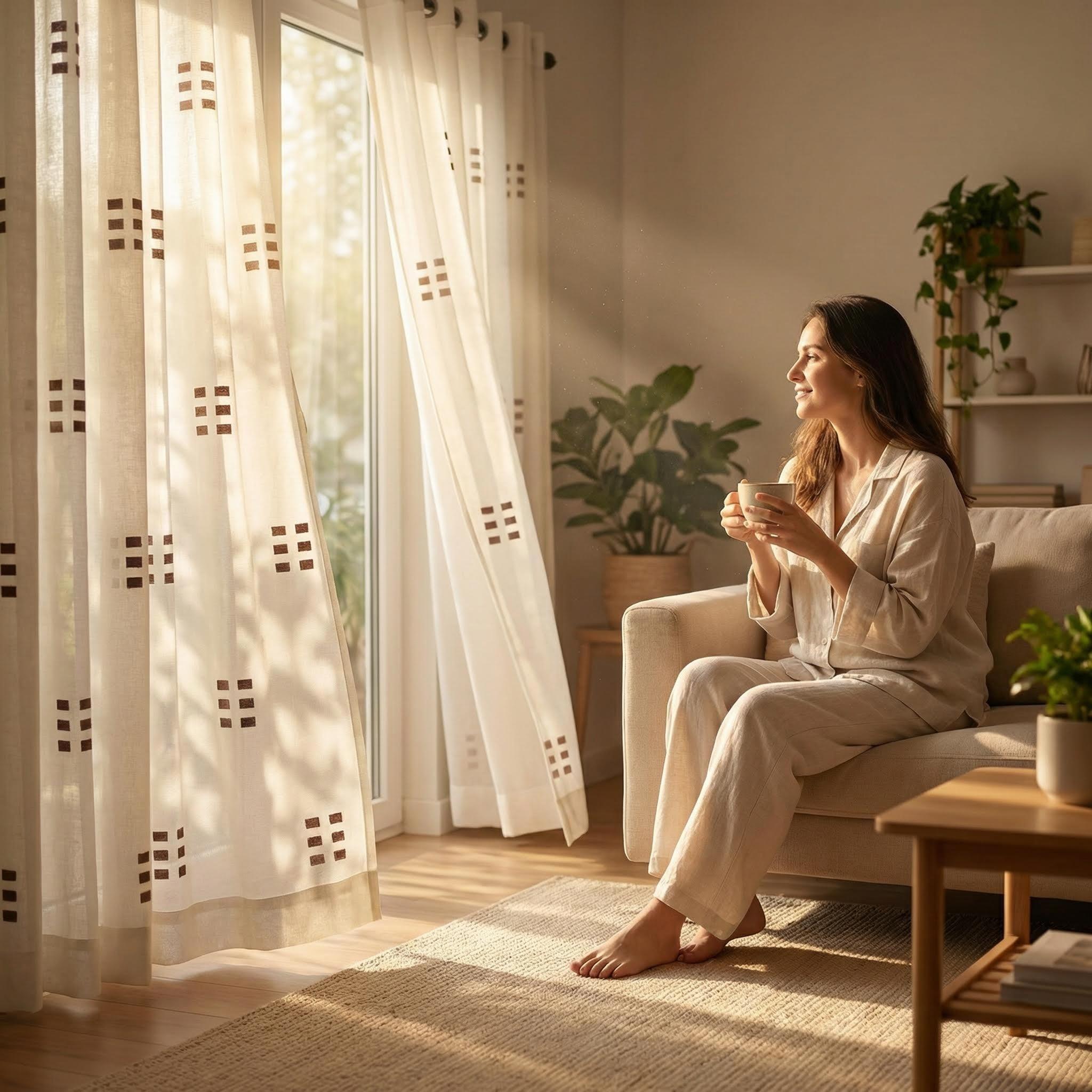 Cozy Curtain 2 Panels 52X84Inch is made of bamboo-jointed linen fabric, combined with embroidery technique, featuring a two-color nine-square pattern, with a metal ring at the head. It is easy to install, has a unique style, and is labeled as CT278.