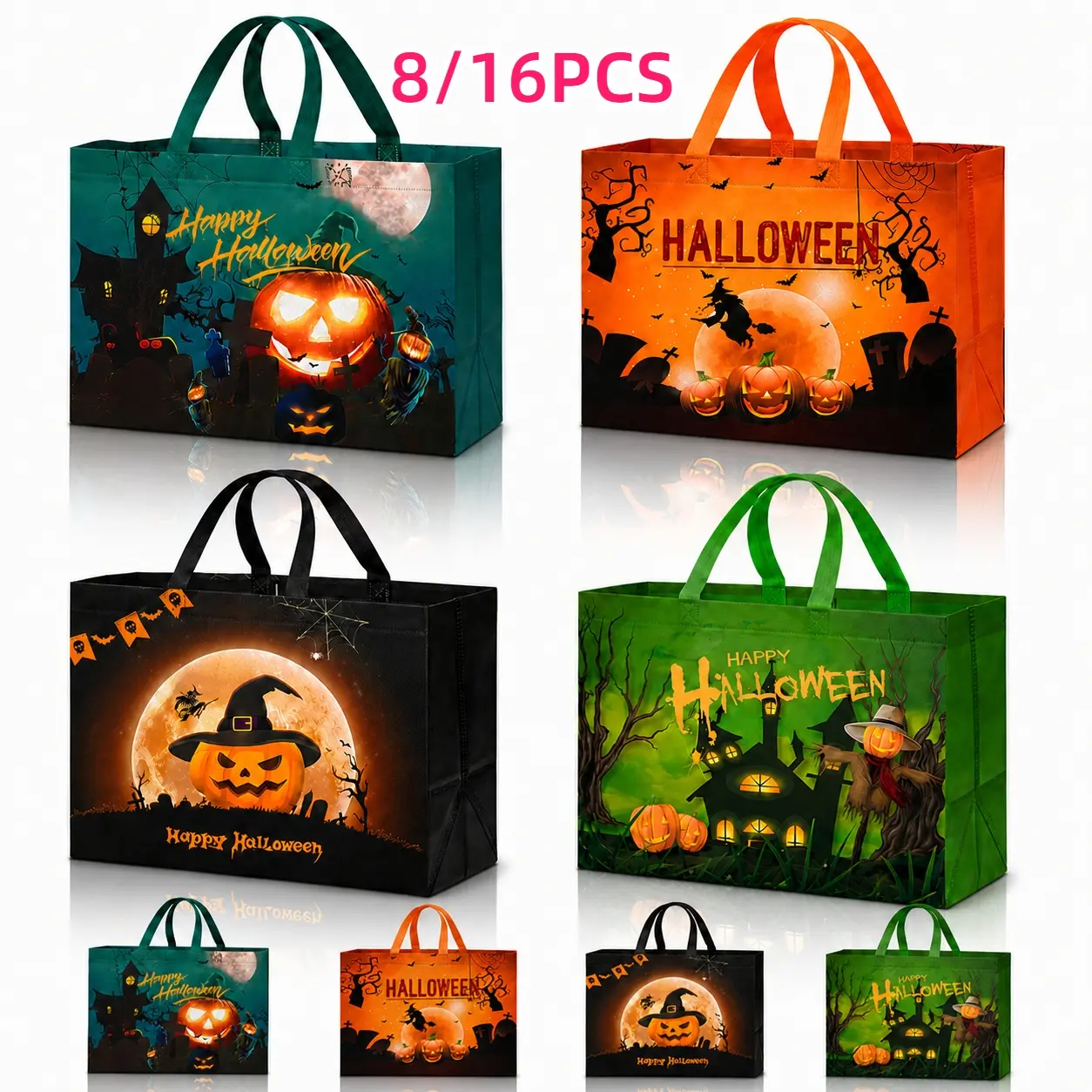8/16 Pcs Halloween Non Woven Bags Reusable Tote Gift Sack Pumpkin Ghost Sack Multifunctional Ghost Bags with Handle for Halloween Birthday Party Favors trick-or-treat bag